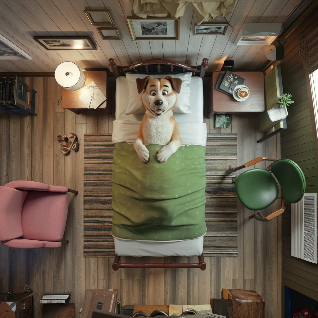 로파이 바이블: 틈새 감성에서 세계적 현상까지, 완벽 가이드 5 An overhead view of a cozy wooden cabin interior. At the center, there's a large animated dog lying on a bed with its arms crossed, wearing a green blanket. The bed is positioned on a striped rug. To the left, there's a pink armchair with a lit lamp on a small table beside it. On the right, there's a green chair with a table holding a cup and saucer. The walls are wooden with various framed pictures and a hanging lantern. A window on the right lets in natural light, and a small table with a plant stands near it. The floor is wooden, and there are a few scattered items like books and a pair of shoes.