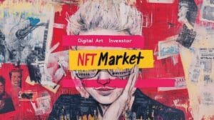 A baroque portrait painting of a "Digital Art Investor" character wearing futuristic AR glasses, bright yellow graffiti over it, tagging-like marks, pink graffiti text that says "NFT Market" made of all of the above, dark academia, visible paintbrush.