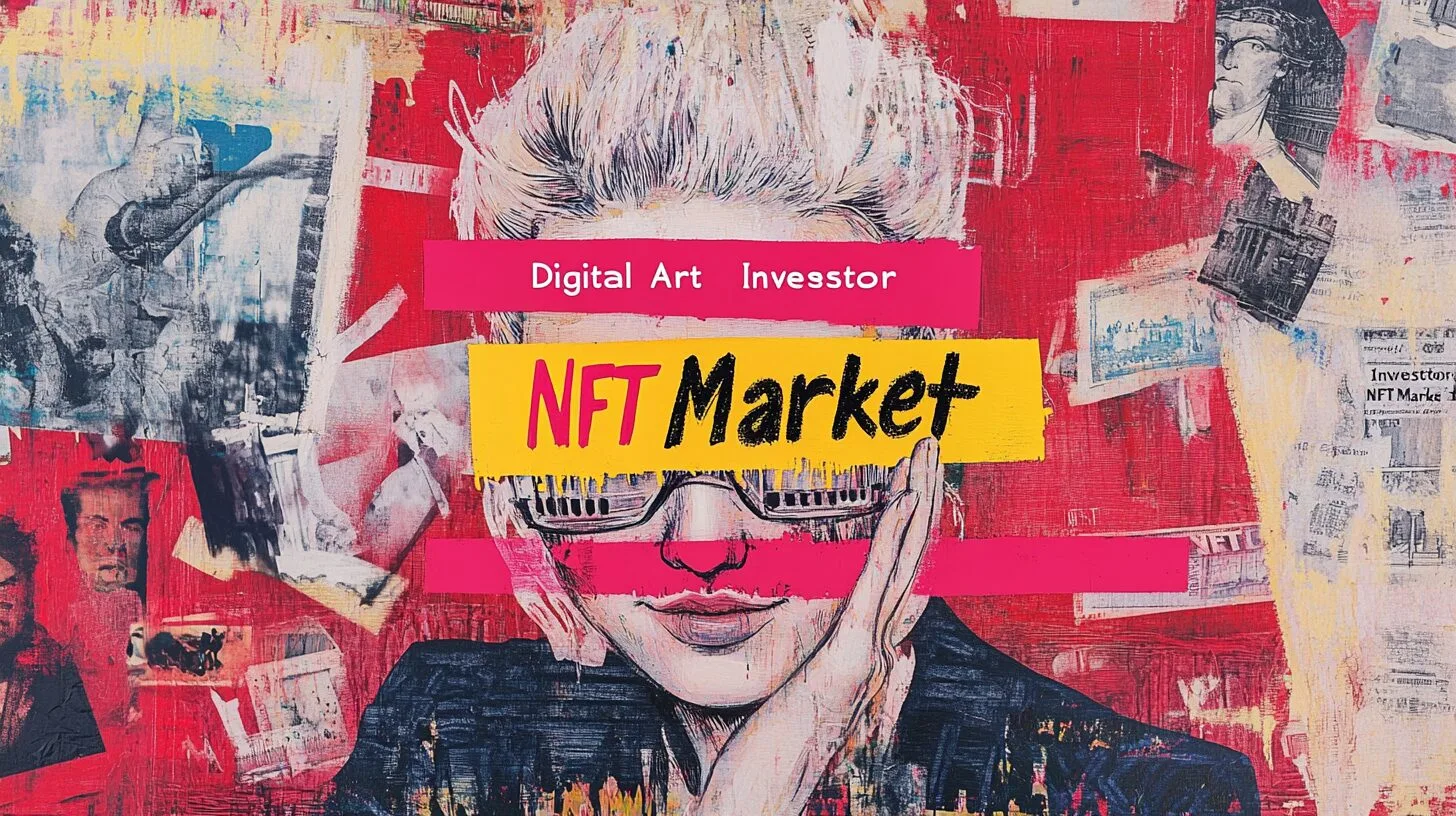 A baroque portrait painting of a "Digital Art Investor" character wearing futuristic AR glasses, bright yellow graffiti over it, tagging-like marks, pink graffiti text that says "NFT Market" made of all of the above, dark academia, visible paintbrush.