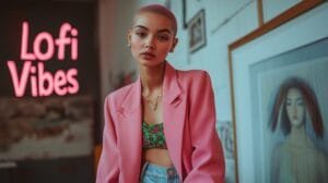 A photo of a Gen Z fashion model with a pastel-pink buzz cut and wide, doe-like eyes standing confidently against a backdrop of a minimalist art gallery. The model is wearing an oversized, blush-toned blazer, white sneakers, and cropped jeans. Her makeup features soft, dewy skin and a hint of pink gloss. The overall mood is clean and contemporary, with a soft, diffused lighting. The text "Lofi Vibes" is displayed prominently in the bottom left corner of the photo.