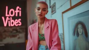 A photo of a Gen Z fashion model with a pastel-pink buzz cut and wide, doe-like eyes standing confidently against a backdrop of a minimalist art gallery. The model is wearing an oversized, blush-toned blazer, white sneakers, and cropped jeans. Her makeup features soft, dewy skin and a hint of pink gloss. The overall mood is clean and contemporary, with a soft, diffused lighting. The text "Lofi Vibes" is displayed prominently in the bottom left corner of the photo.