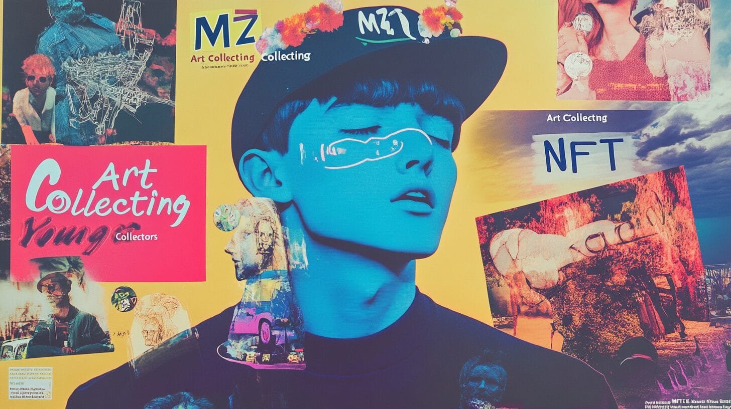 A baroque portrait painting of a beautiful "MZ Art Collector" character wearing sunglasses, bright yellow graffiti over it, tagging-like marks, pink graffiti text that says "NFT Art" made of all of the above, dark academia, visible paintbrush.