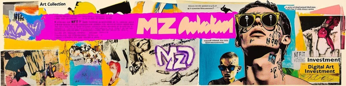 MZ세대 미술품 수집 트렌드: 예술과 투자의 경계에서 1 A colorful sticker sheet with neon Y2K typography featuring 'MZ Art Collection' in bold letters at the center, surrounded by stickers of 'Digital Art' and 'NFT Investment'. The collage includes vintage images of young collectors admiring modern art in an urban studio, with digital screens showcasing NFT artworks and psychedelic 70s-style icons