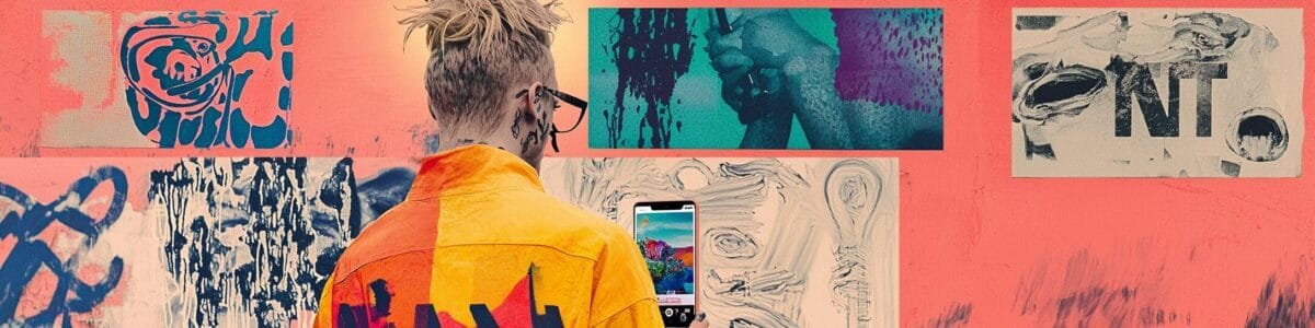 온라인 아트 마켓의 폭발적 성장: 원인과 미래 전망 2 A classical baroque-style portrait painting of a 'Digital Art Investor' character with AR glasses, enhanced by modern graffiti elements, including bright yellow spray paint and pink graffiti text that says 'NFT Market'.