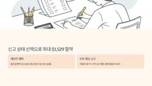 세금 환급 체크를 보고 기뻐하는 사람과 IRS 웹사이트 화면이 보이는 홈 오피스