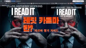 "레딧 카르마란? 카르마 쌓기 가이드"라는 텍스트가 강조된 이미지. 안경의 한쪽 렌즈가 붉게 보이는 남성이 두 손을 얼굴 가까이 대고 있는 모습이며, 배경에는 "I READ IT. WHAT IS REDDIT?"라는 글자가 보인다. 레딧의 카르마 개념과 관련된 내용을 설명하는 가이드 이미지