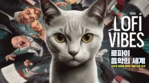 텍스트는 'LOFI VIBES'라는 대형 제목과 함께 '로파이 음악의 세계'라는 한글 제목이 포함되어 있으며, 하단에는 '공부와 집중에 미치는 마법 같은 효과'라는 부제목이 적혀 있습니다. 디자인과 색감은 강한 대비와 만화적인 표현 방식이 결합된 스타일로, 로파이 음악이 가지는 감성적이고 몰입적인 분위기를 반영한 이미지